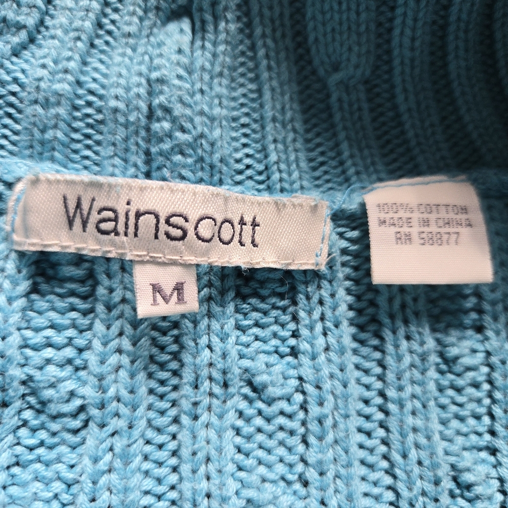 Wainscott Teal Cable Knit Shawl Collar Preppy Cotton Sweater Size M - Picture 4 of 5